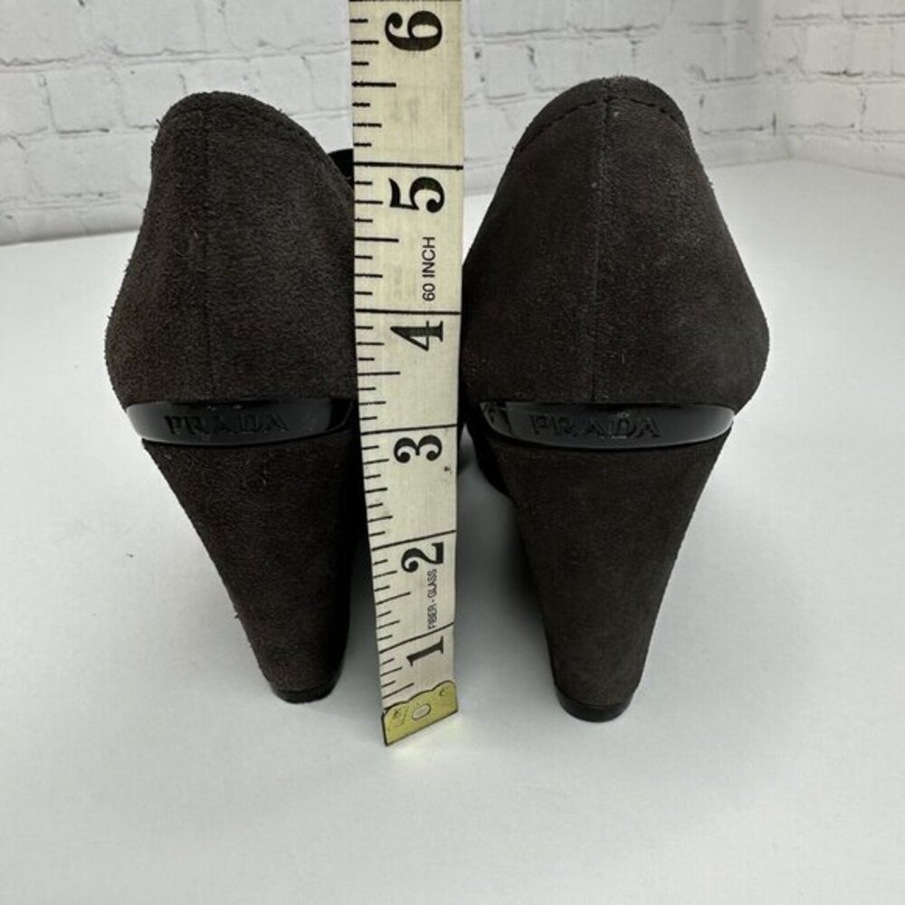 Prada Linea Rossa Dark Gray Suede Mary Jane Wedge Shoes 37.5 Womens - Picture 17 of 17